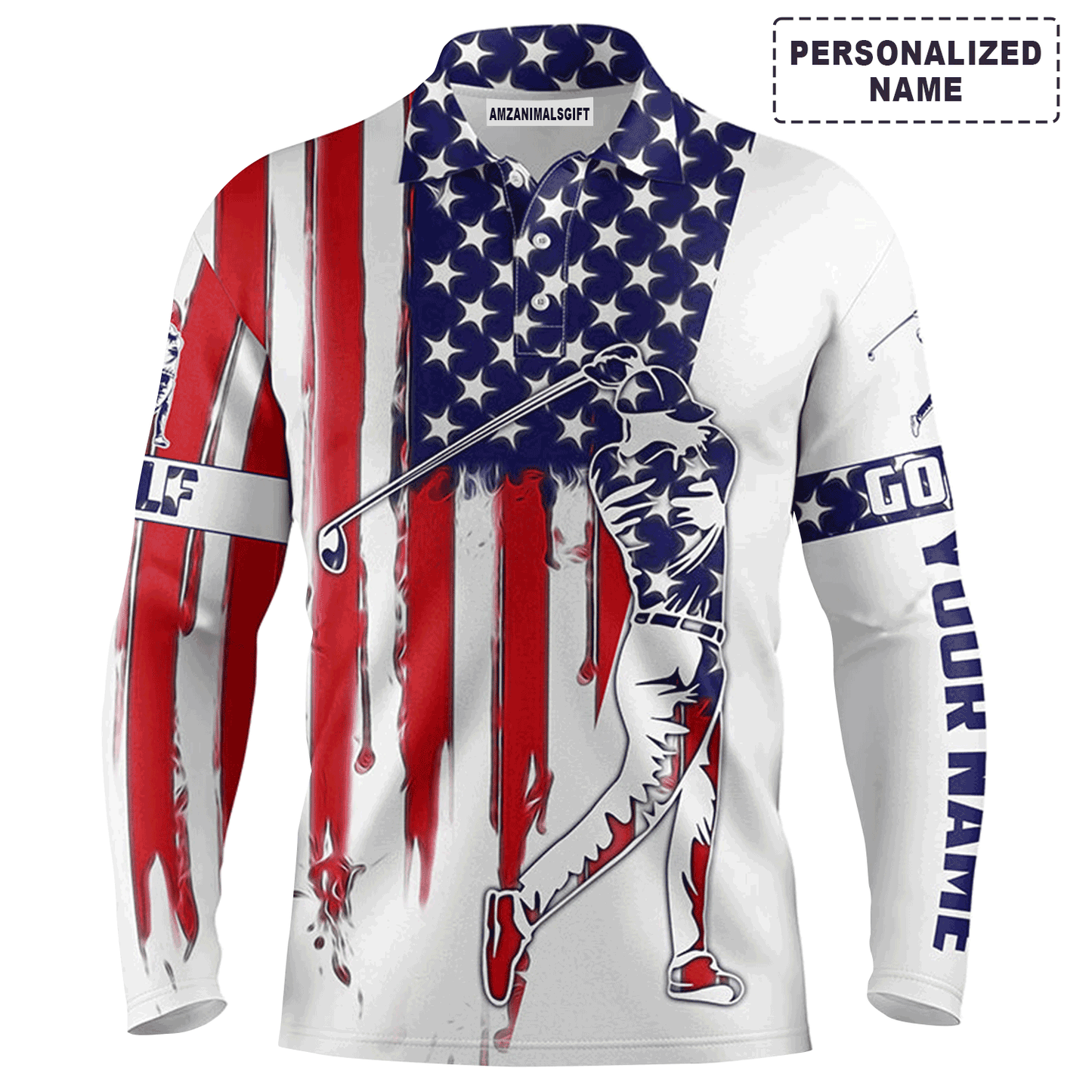 Custom Golf Long Sleeve Men Polo Shirt - American Flag Custom Name Apparel Men Golf Polo Shirt - Perfect Polo Shirt For Men, Golf Lover