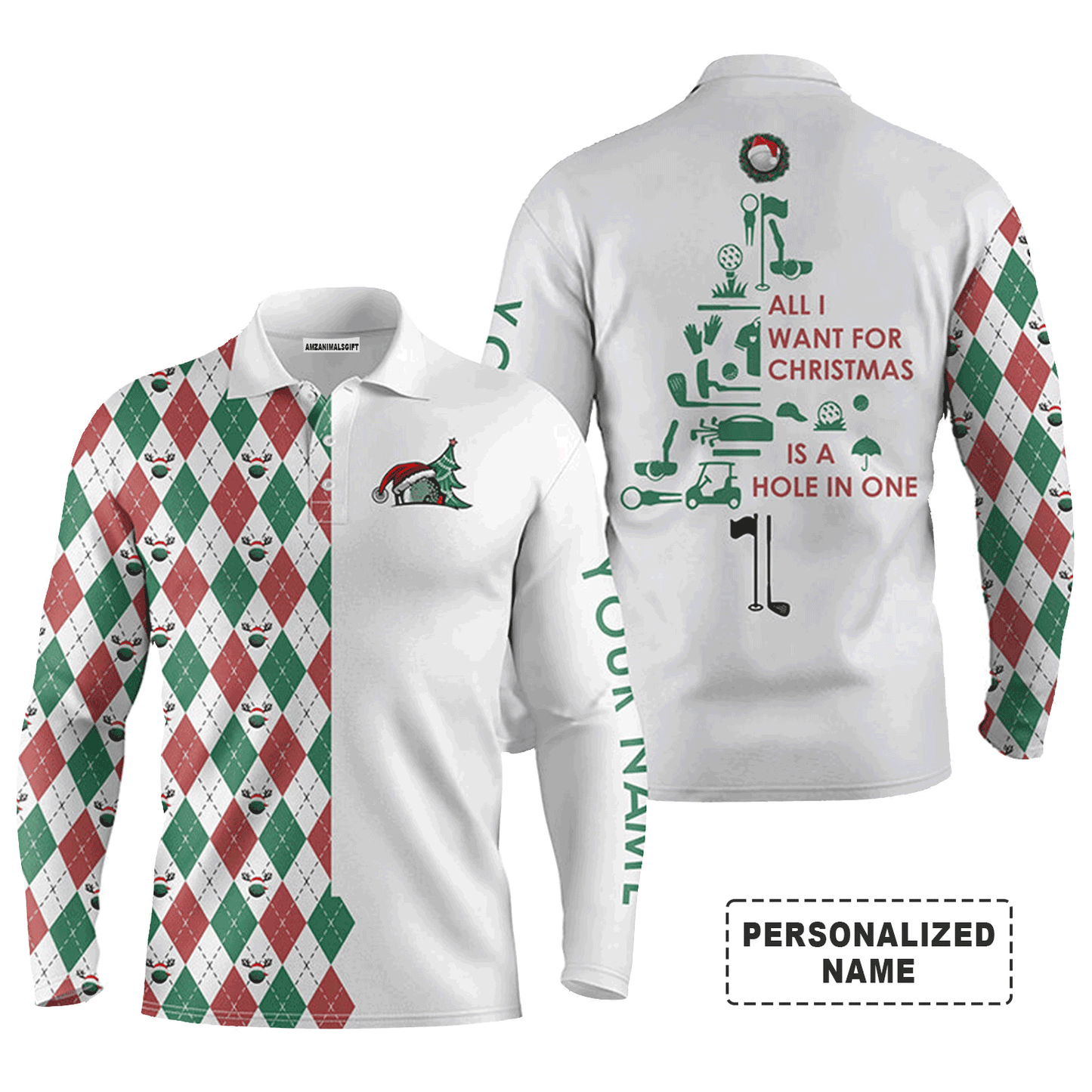 Golf Men Polo Shirt, Custom Name Funny Christmas Tree All I Want For Christmas Is A Hole In One Apparel - Personalized Sports Gift For Men, Golf Lover