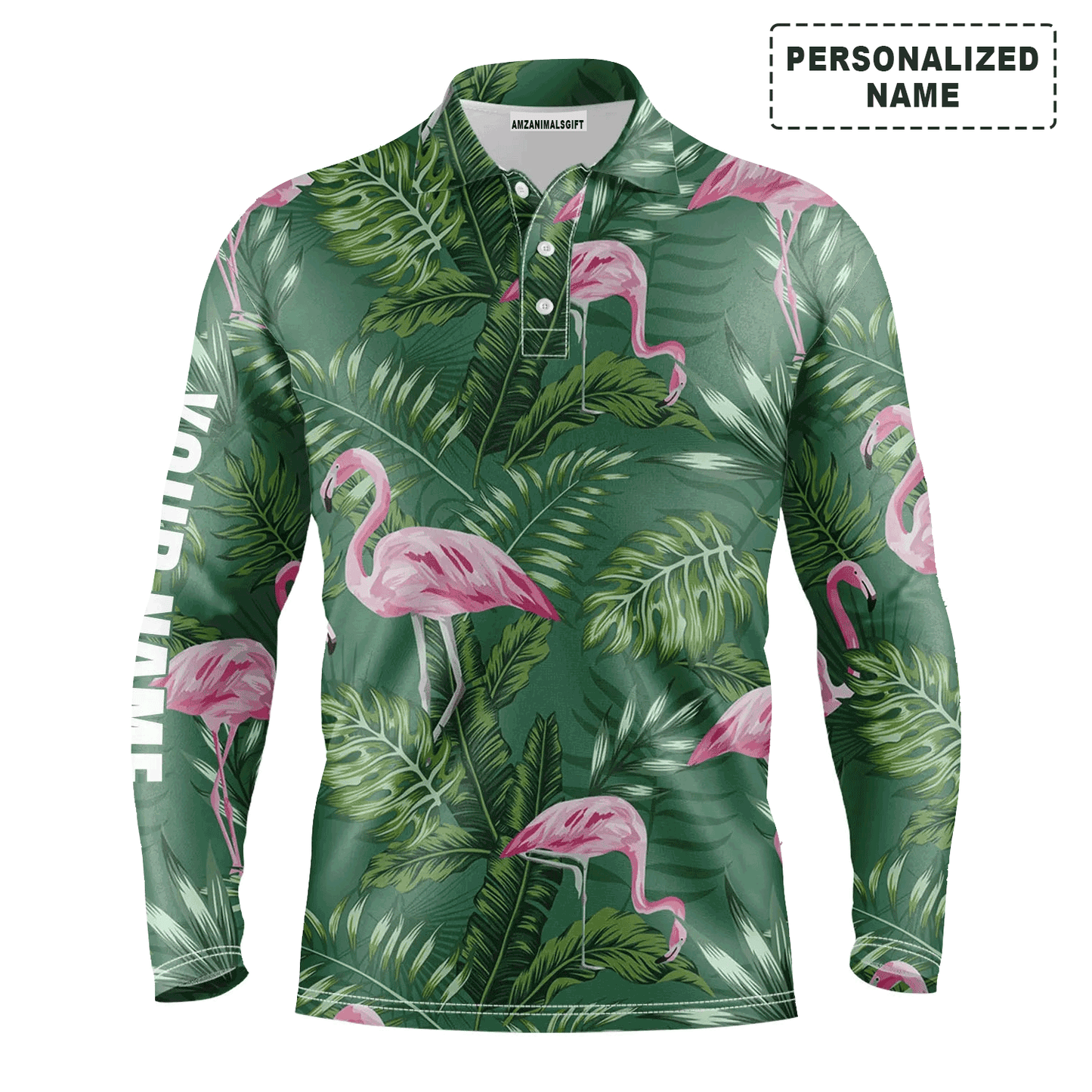 Custom Golf Long Sleeve Men Polo Shirt - Green Tropical Plants Monstera Flamingo Custom Name Apparel - Personalized Gift For Men, Golf Lover