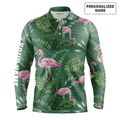 Custom Golf Long Sleeve Men Polo Shirt - Green Tropical Plants Monstera Flamingo Custom Name Apparel - Personalized Gift For Men, Golf Lover