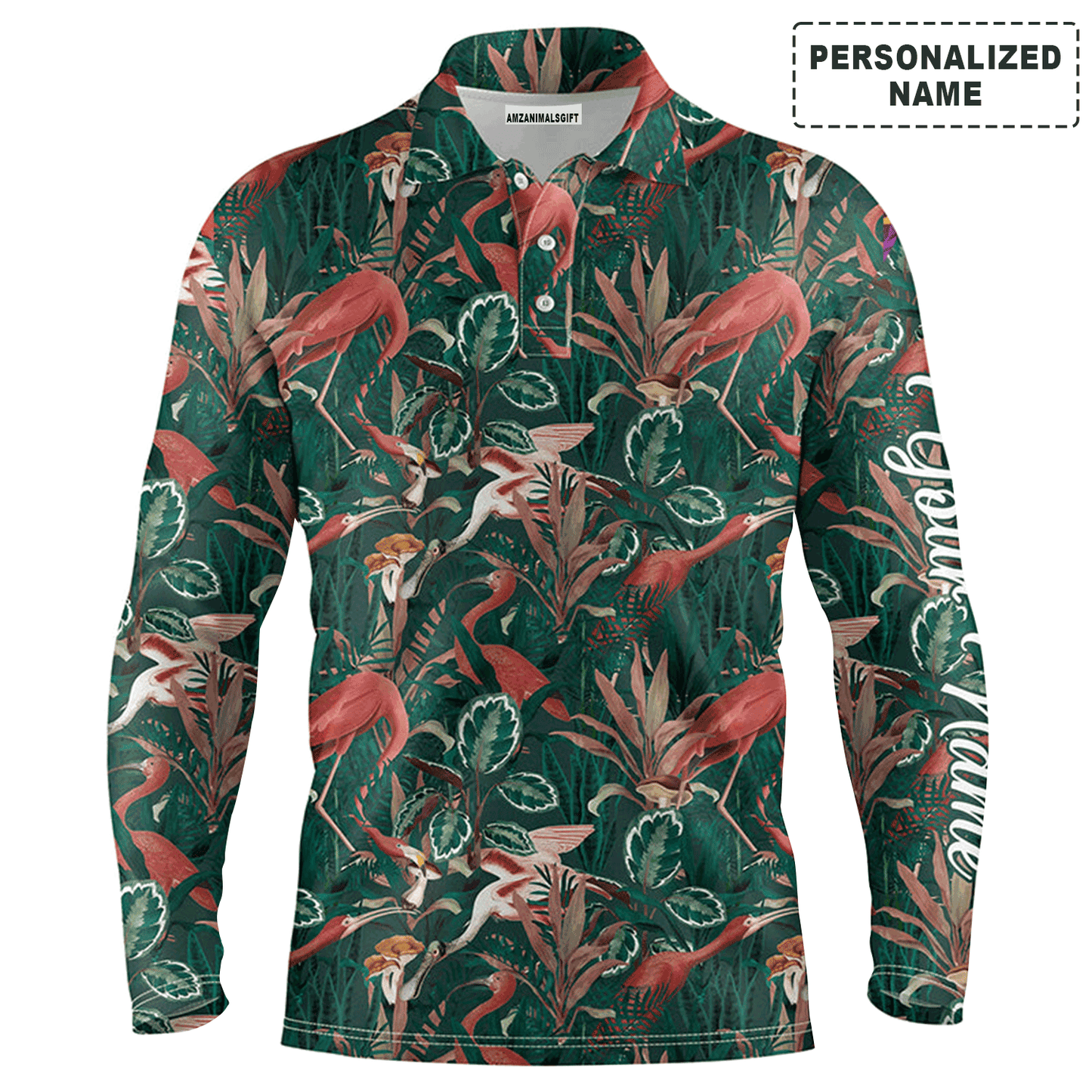Custom Golf Long Sleeve Men Polo Shirt - Custom Name Flamingo Green Tropical Jungle Pattern Apparel - Personalized Gift For Men, Golf Lover