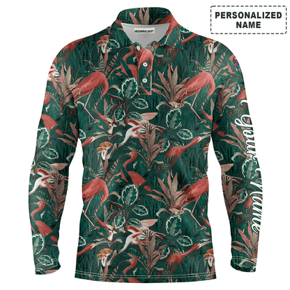 Custom Golf Long Sleeve Men Polo Shirt - Custom Name Flamingo Green Tropical Jungle Pattern Apparel - Personalized Gift For Men, Golf Lover