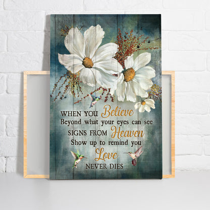 Memorial Premium Wrapped Portrait Canvas - White Daisy Flower, Hummingbird, Love Never Dies - Gift For Members Family
