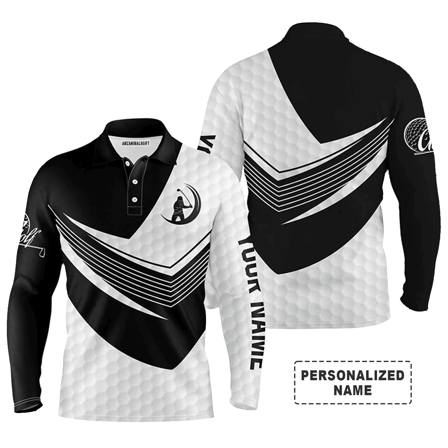 Custom Golf Long Sleeve Men Polo Shirt - Custom Name Black And White Golf Balls Skin Apparel Men Polo Shirt - Personalized Gift For Men, Golf Lover