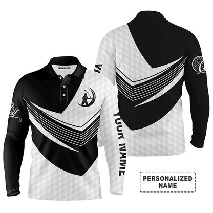 Custom Golf Long Sleeve Men Polo Shirt - Custom Name Black And White Golf Balls Skin Apparel Men Polo Shirt - Personalized Gift For Men, Golf Lover
