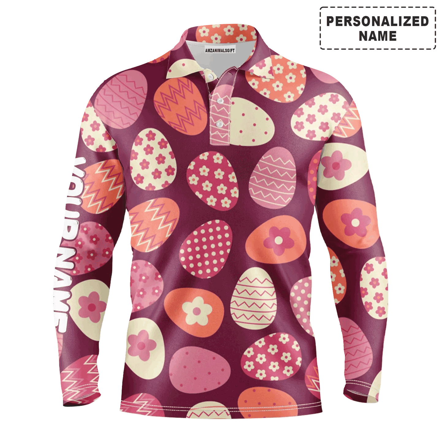 Custom Golf Long Sleeve Men Polo Shirt - Colorful Easter Eggs Pattern Custom Name Golf Men Polo Shirt - Perfect Polo Shirt For Men