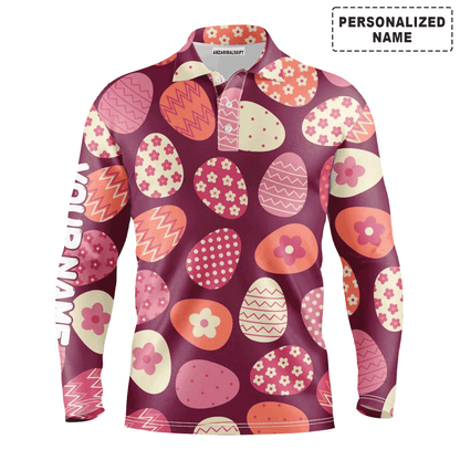 Custom Golf Long Sleeve Men Polo Shirt - Colorful Easter Eggs Pattern Custom Name Golf Men Polo Shirt - Perfect Polo Shirt For Men