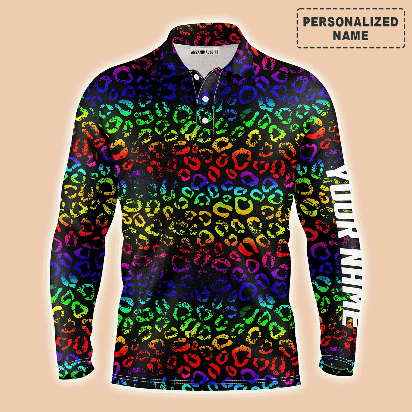 Custom Golf Long Sleeve Men Polo Shirt - Custom Name Colorful Neon Rainbow Leopard Pattern Apparel - Personalized Gift For Men, Golf Lover