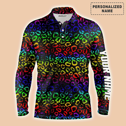 Custom Golf Long Sleeve Men Polo Shirt - Custom Name Colorful Neon Rainbow Leopard Pattern Apparel - Personalized Gift For Men, Golf Lover