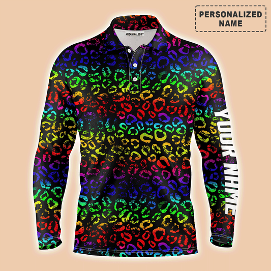 Custom Golf Long Sleeve Men Polo Shirt - Custom Name Colorful Neon Rainbow Leopard Pattern Apparel - Personalized Gift For Men, Golf Lover