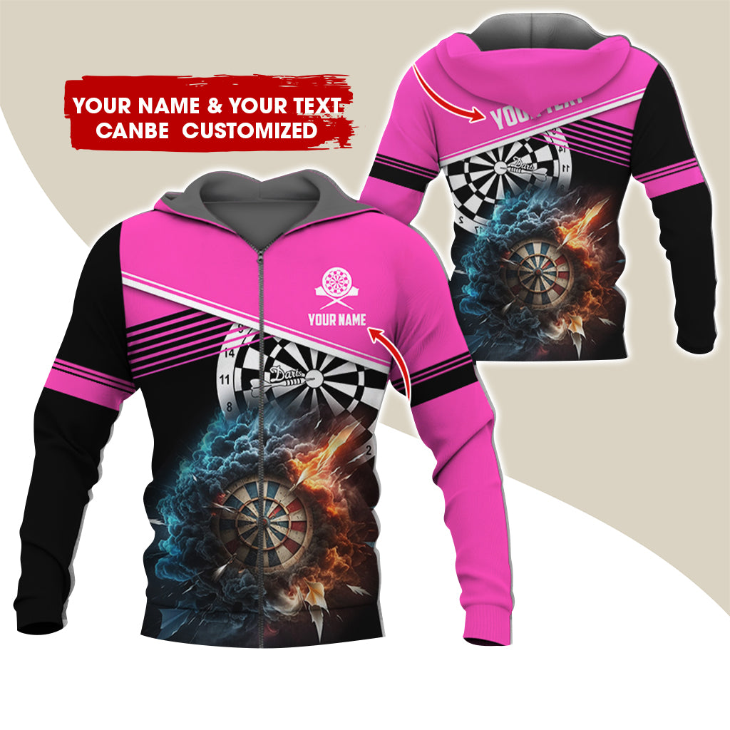 Personalized Name & Text Darts Premium Zip Hoodie, Customized Name Cloudy Fire Darts Zip Hoodie For Men & Women - Gift For Darts Lovers, Darts Players