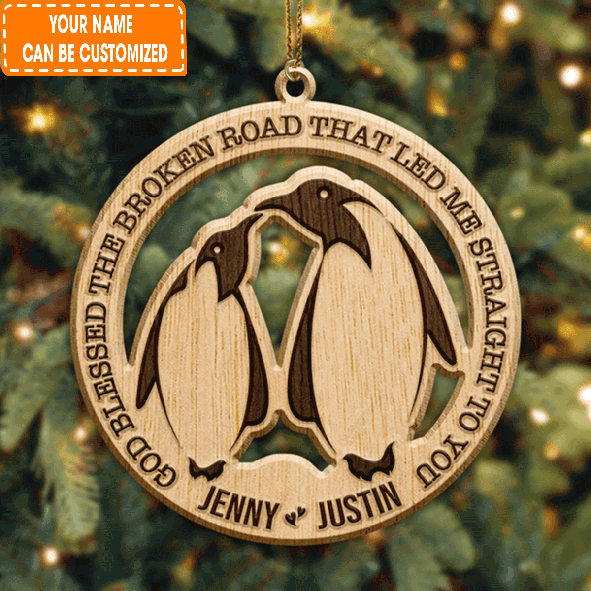 Custom Jesus Acrylic Ornament, Personalized Penguin Couple God Blessed Acrylic Ornament For Christian, Holiday Decor