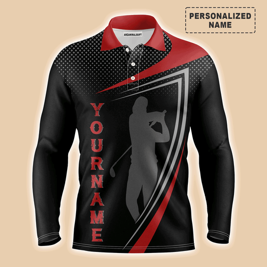 Custom Golf Long Sleeve Men Polo Shirt - Red And Black Golfer Silhouette Custom Name Apparel - Personalized Gift For Men, Golf Lover