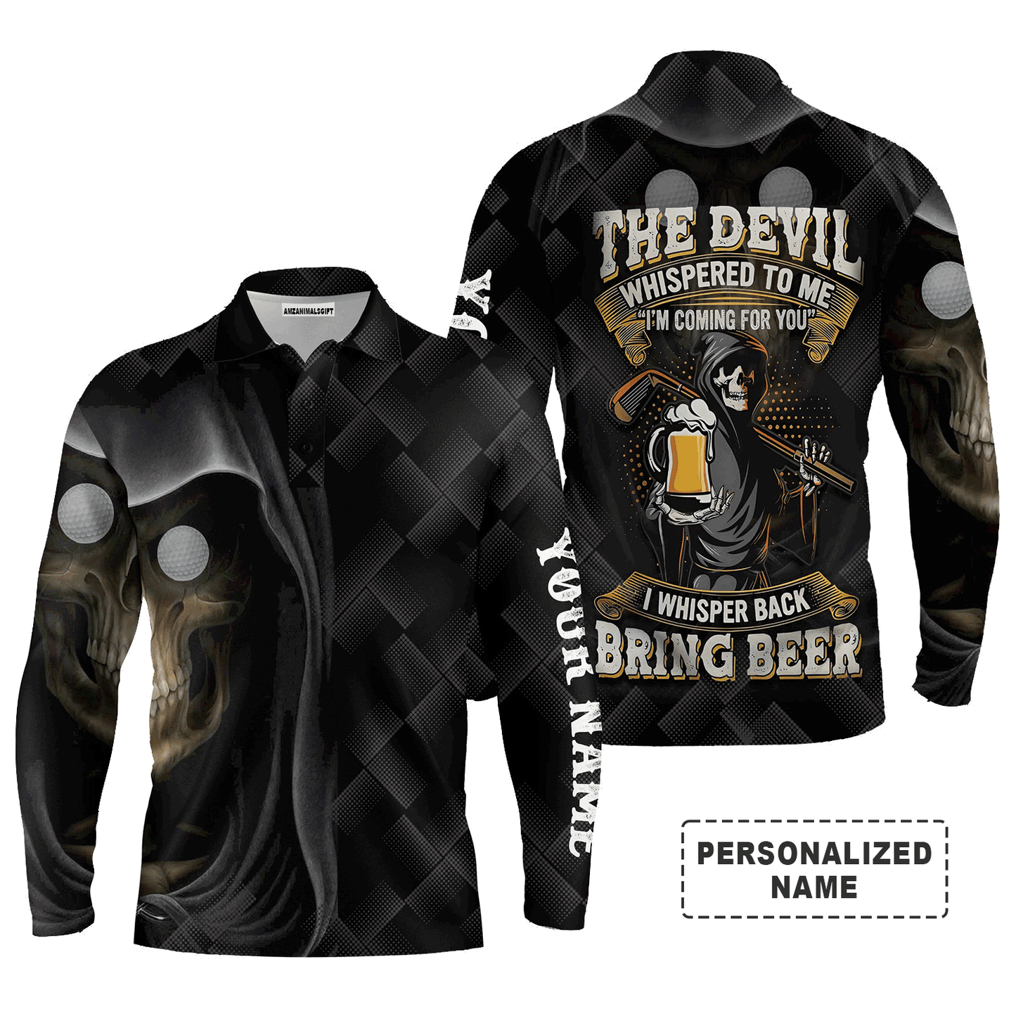 Custom Golf Long Sleeve Men Polo Shirt - Beer And Golf Men Polo Shirt - The Devil Whispered To Me, Bring Beer Polo Shirt For Men