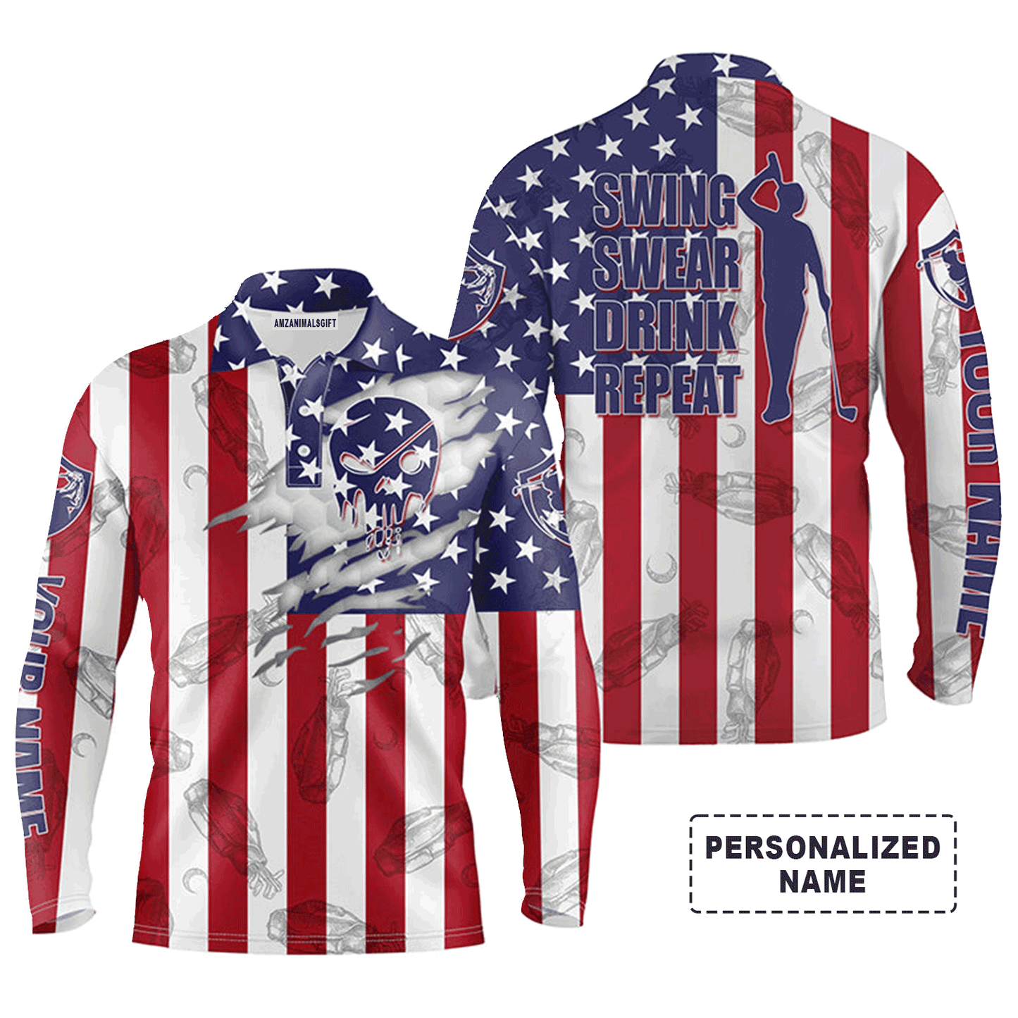 Custom Golf Long Sleeve Men Polo Shirt, American Flag Custom Name Skull Golf ,Swing Swear Drink Repeat, Personalized Gift For Golf Lover