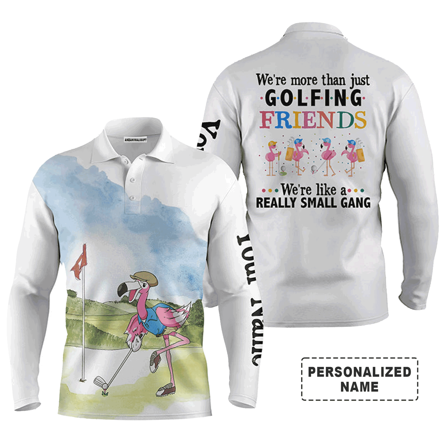 Custom Golf Long Sleeve Men Polo Shirt - Custom Funny Flamingo Apparel - We're More Than Just Golfing Friends - Personalized Gift For Men, Golf Lover