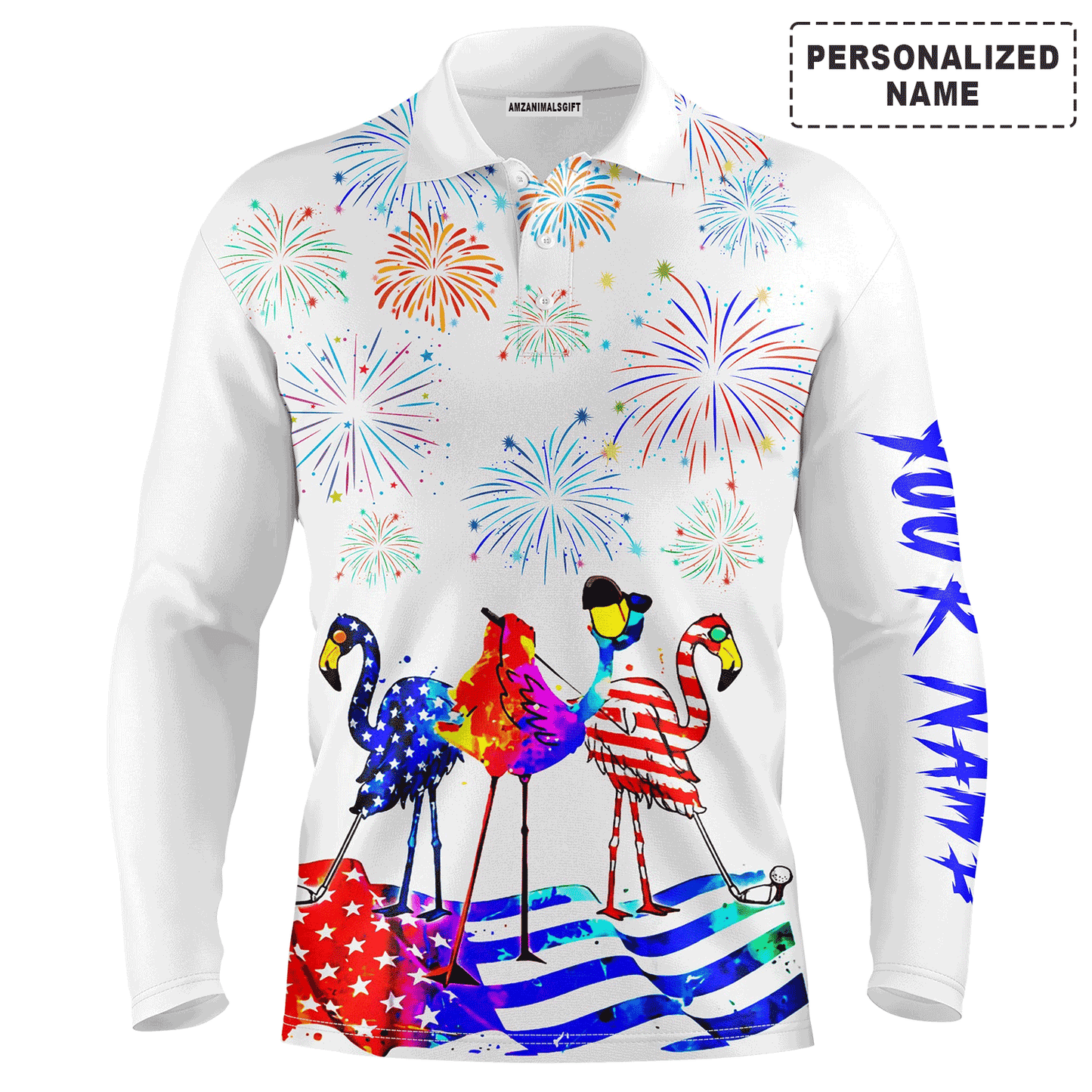 Custom Golf Long Sleeve Men Polo Shirt- Custom Name Funny Red White Blue Flamingo American flag - Perfect Gift For Men,Golf Lover