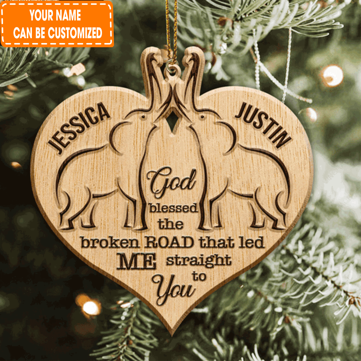 Custom Jesus Acrylic Ornament, Personalized Heart Elephant Couple God Blessed Wood Engraved Acrylic Ornament For Christian, Holiday Decor