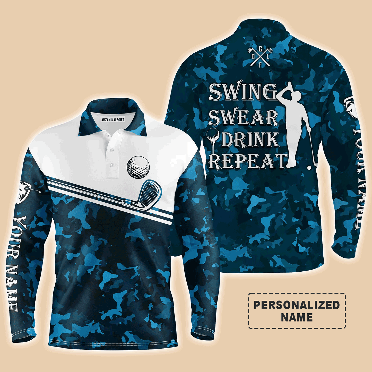 Custom Golf Long Sleeve Men Polo Shirt - Swing Swear Drink Repeat Custom Name Camo Pattern Apparel - Personalized Gift For Men, Golf Lover