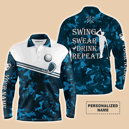 Custom Golf Long Sleeve Men Polo Shirt - Swing Swear Drink Repeat Custom Name Camo Pattern Apparel - Personalized Gift For Men, Golf Lover