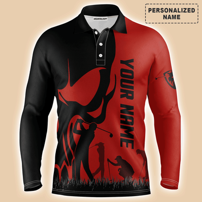 Custom Golf Long Sleeve Men Polo Shirt, Custom Name Skull Golf Ball Skin Apparel Men Golf Polo Shirt - Perfect Gift For Men, Golf Lovers
