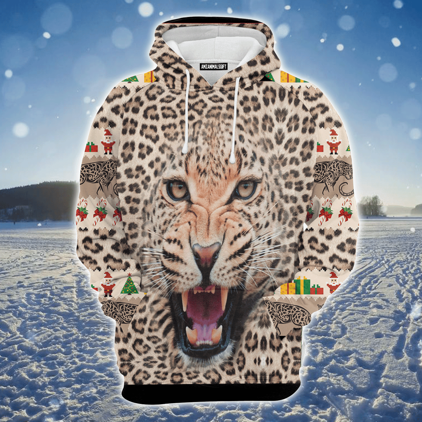Leopard Xmas Premium Christmas Hoodie, Leopard Face & Christmas Pattern Unisex Hoodie For Men & Women - Perfect Gift For Christmas, Leopard Lovers