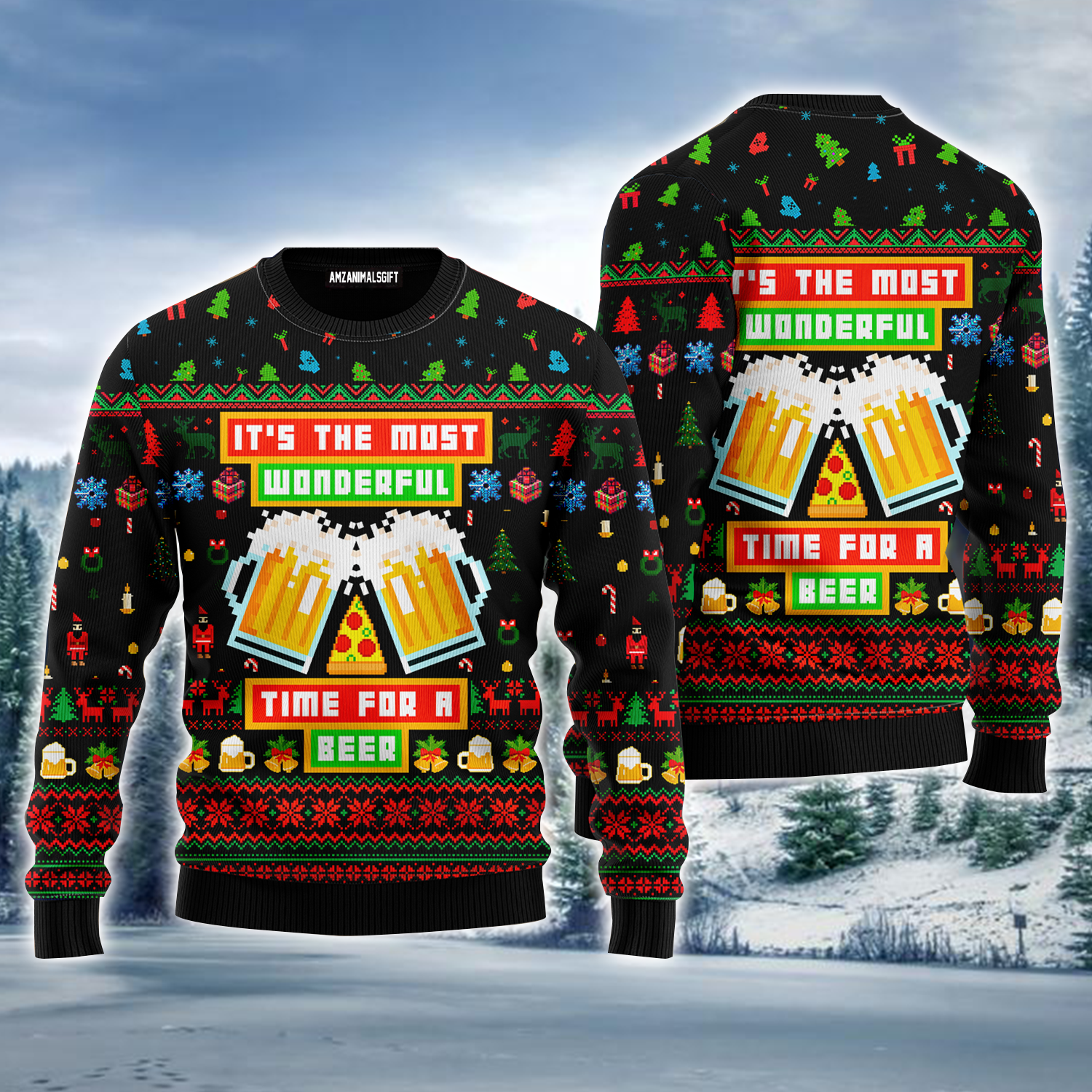 Beer Ugly Sweater, Beer Pixel Pattern It's Time For A Beer Christmas Ugly Sweater For Men & Women, Perfect Gift For Beer Lover, Friends, Family