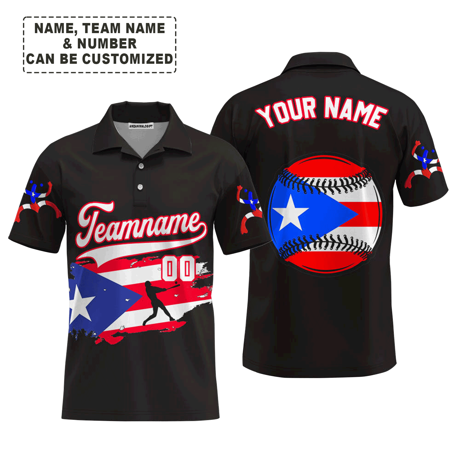 Customized Baseball Men Polo Shirt, Puerto Rico Baseball Black White Red Custom Polo Shirt - Perfect Polo Shirt For Men, Baseball Lovers