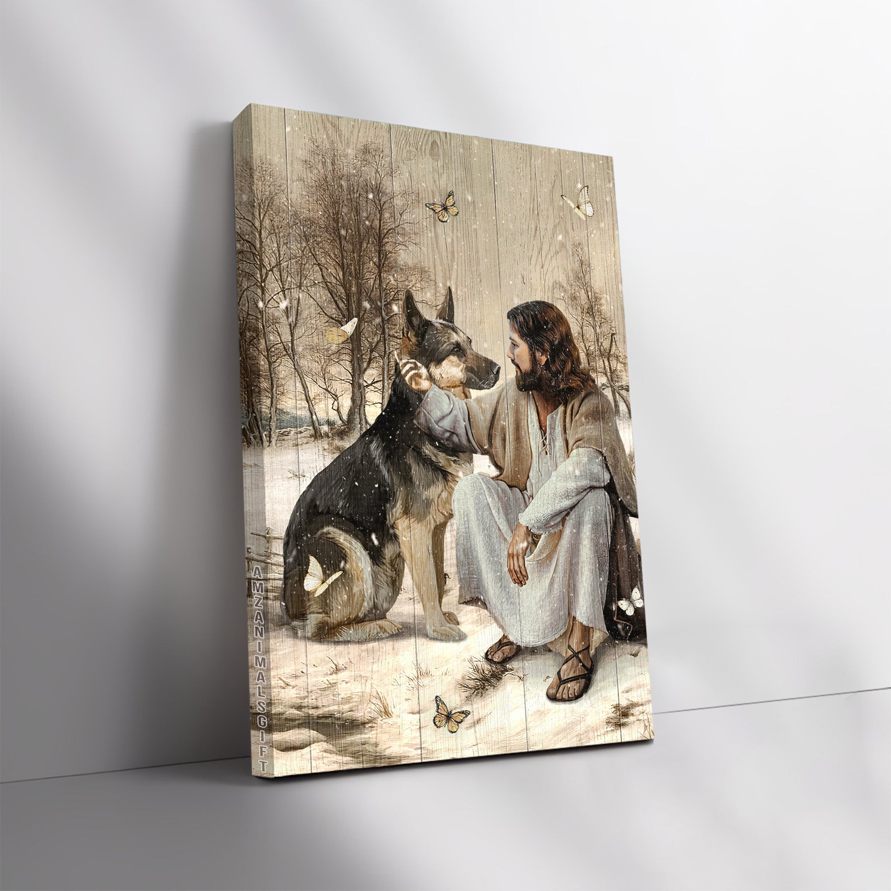 German Shepherd & Jesus Premium Wrapped Portrait Canvas - Vintage Artwork, Lovely German Shepherd, The Passion Of Jesus - Gift For Christian