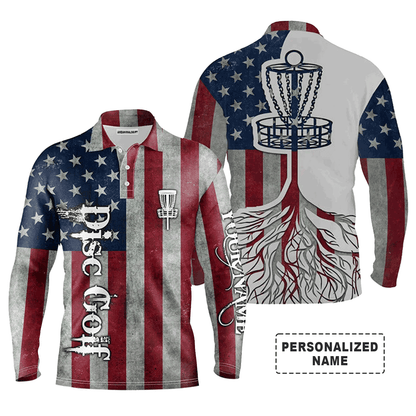 Custom Disc Golf Long Sleeve Men Polo Shirt- Custom Name American Flag Disc Golf Basket Apparel Men Polo Shirt For Disc Golf Lover