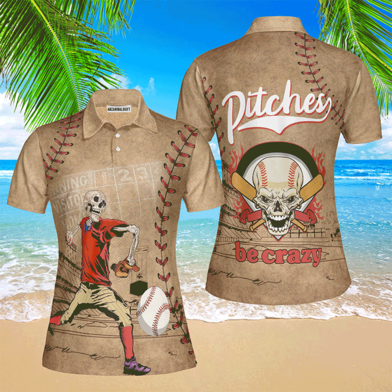 Baseball Women Polo Shirt, Baseball Skull Pitches Be Crazy Polo Shirt For Women, Perfect Polo Shirt For Baseball Lovers