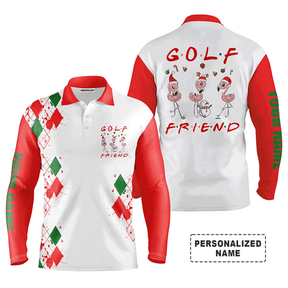 Custom Golf Long Sleeve Men Polo Shirt - Funny Christmas Custom Name Flamingo Golf Friend - Personalized Gift For Men, Golf Lover