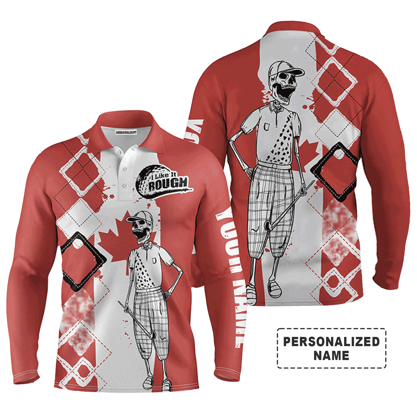 Custom Golf Long Sleeve Men Polo Shirt - Canada Flag Custom Name Apparel - Skull I Like It Rough Men Golf Polo Shirt For Men, Golf Lover