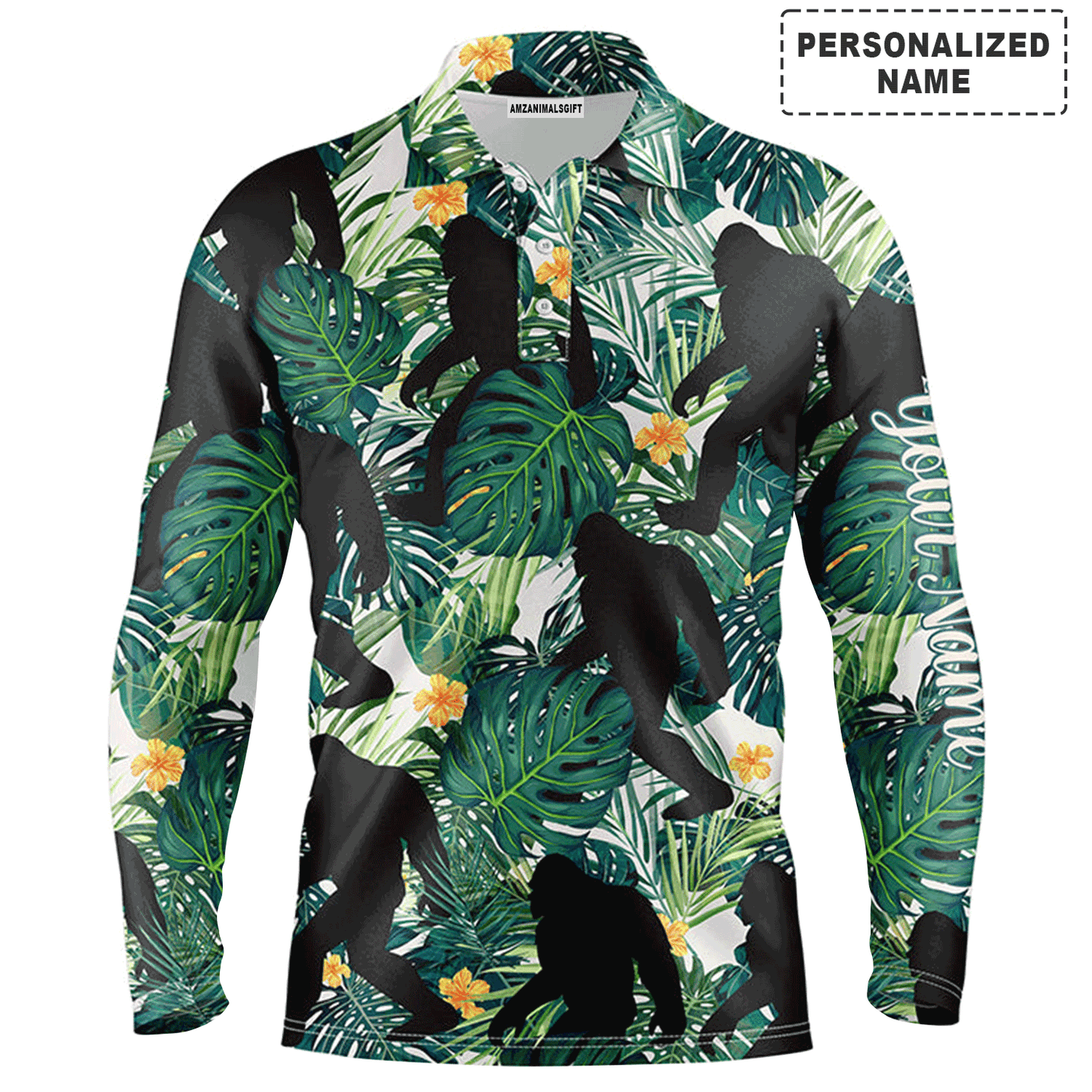 Custom Golf Long Sleeve Men Polo Shirt,Funny Bigfoot Men Polo Shirt, Custom Name Green Tropical Leaves Apparel Men Polo Shirt For Golf Lover
