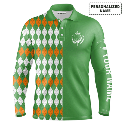 Golf Men Polo Shirt - St Patrick's Day Green Argyle Plaid Pattern Custom Name Apparel Men Golf Polo Shirt - Personalized Gift For Golf Lover, Team