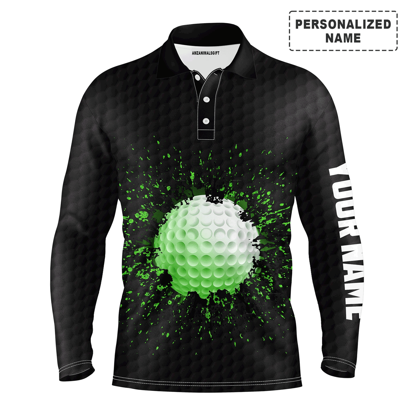 Custom Golf Long Sleeve Men Polo Shirt- Custom Name Black Splatter Apparel Men Polo Shirt - Perfect Gift For Men, Golf Lover