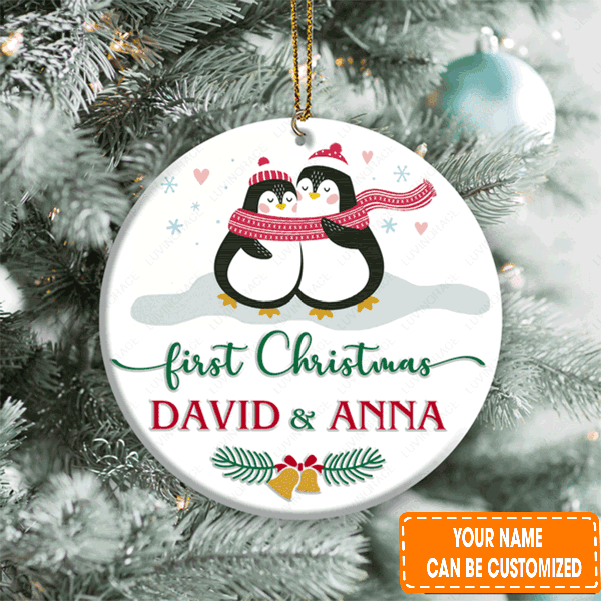 Custom Jesus Acrylic Ornament, Personalized Loving Penguin Couple Our First Acrylic Ornament For Christian, Holiday Decor