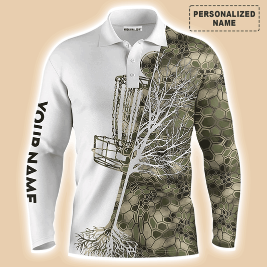 Custom Disc Golf Long Sleeve Men Polo Shirt - Custom Name Green Camo Disc Golf Basket Apparel Best Gift For Men, Disc Golf Lover