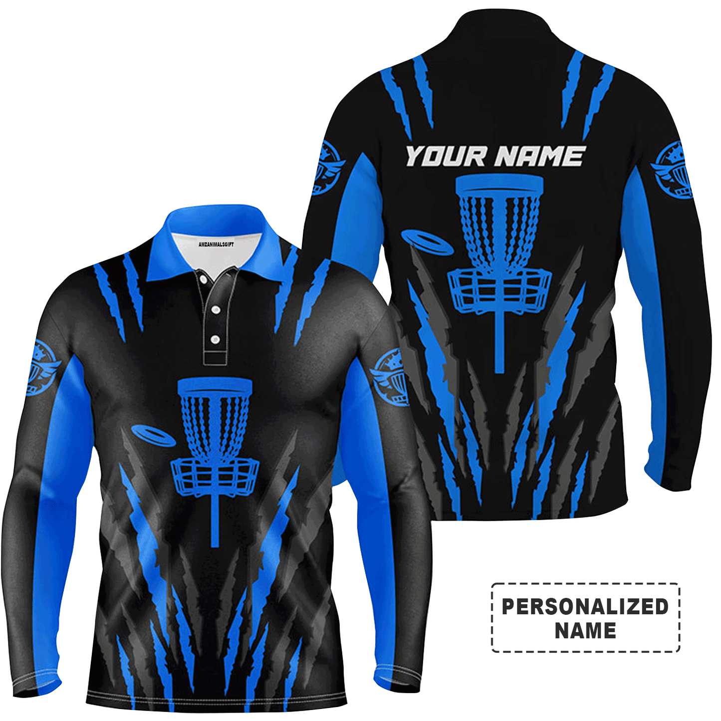 Custom Disc Golf Long Sleeve Men Polo Shirt -  Custom Name Black And Blue Disc Golf Basket Apparel Men Polo Shirt For Men, Disc Golf Lover