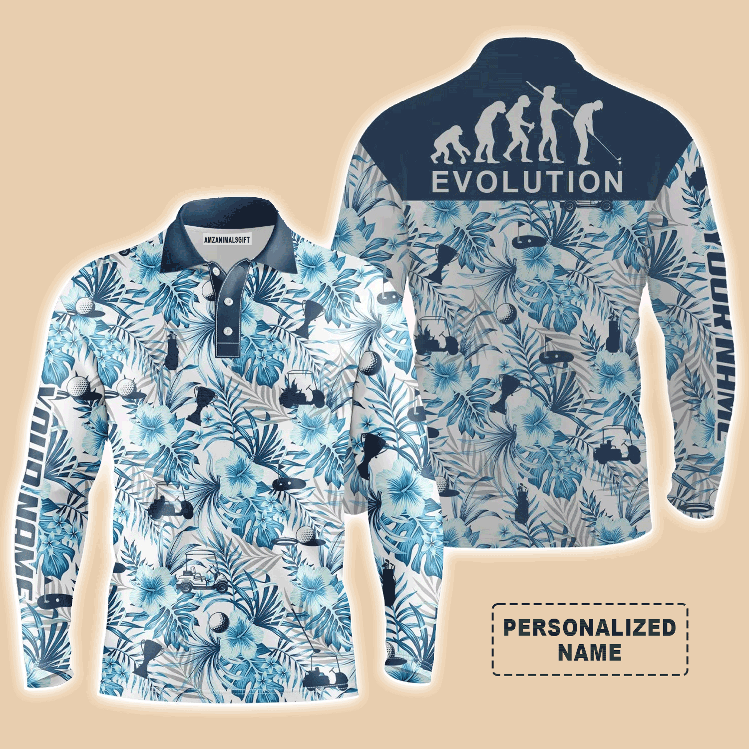 Custom Golf Long Sleeve Men Polo Shirt - Custom Name Blue Tropical Plant Pattern Apparel - Personalized Gift For Golf  Men, Lover