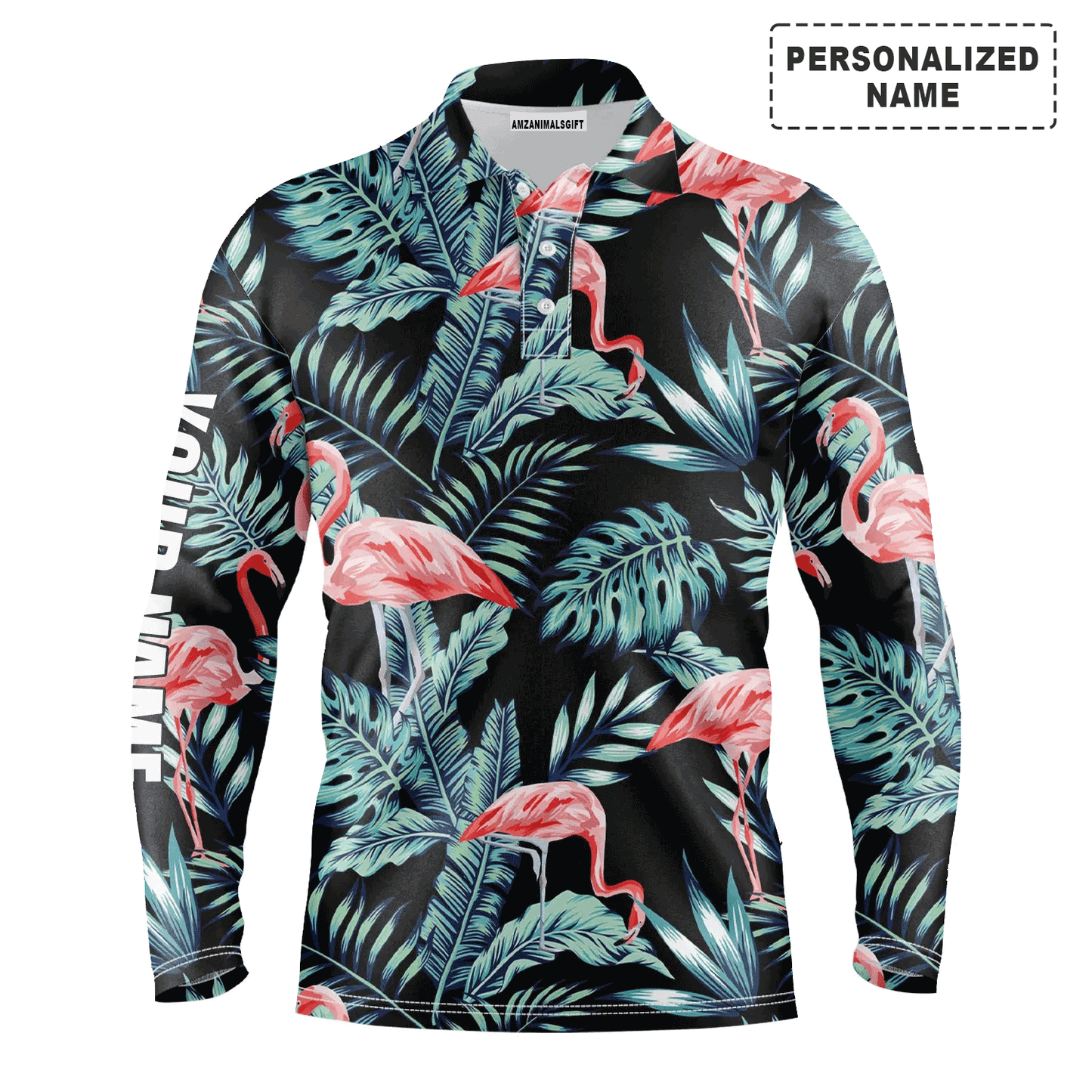 Custom Golf Long Sleeve Men Polo Shirt - Blue Forest Jungle Pattern Pink Flamingo Custom Name Apparel Men Polo Shirt - Perfect Polo Shirt For Men