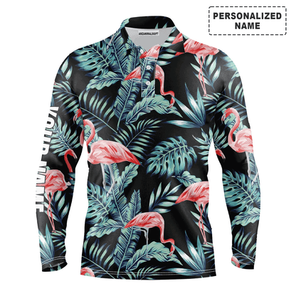Custom Golf Long Sleeve Men Polo Shirt - Blue Forest Jungle Pattern Pink Flamingo Custom Name Apparel Men Polo Shirt - Perfect Polo Shirt For Men