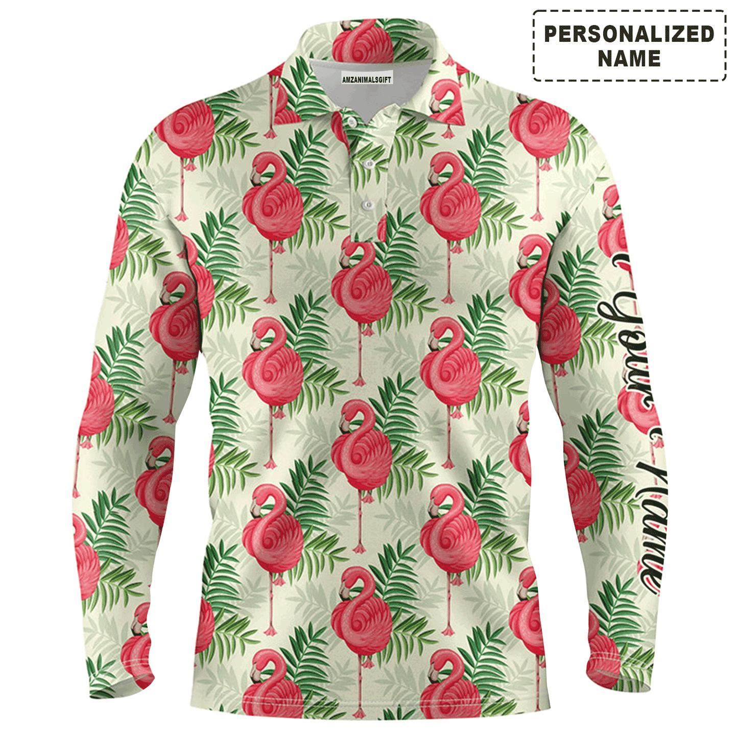 Custom Golf Long Sleeve Men Polo Shirt - Custom Name Pink Flamingo Green Tropical Leaf Pattern Apparel - Personalized Gift For Men, Golf Lover
