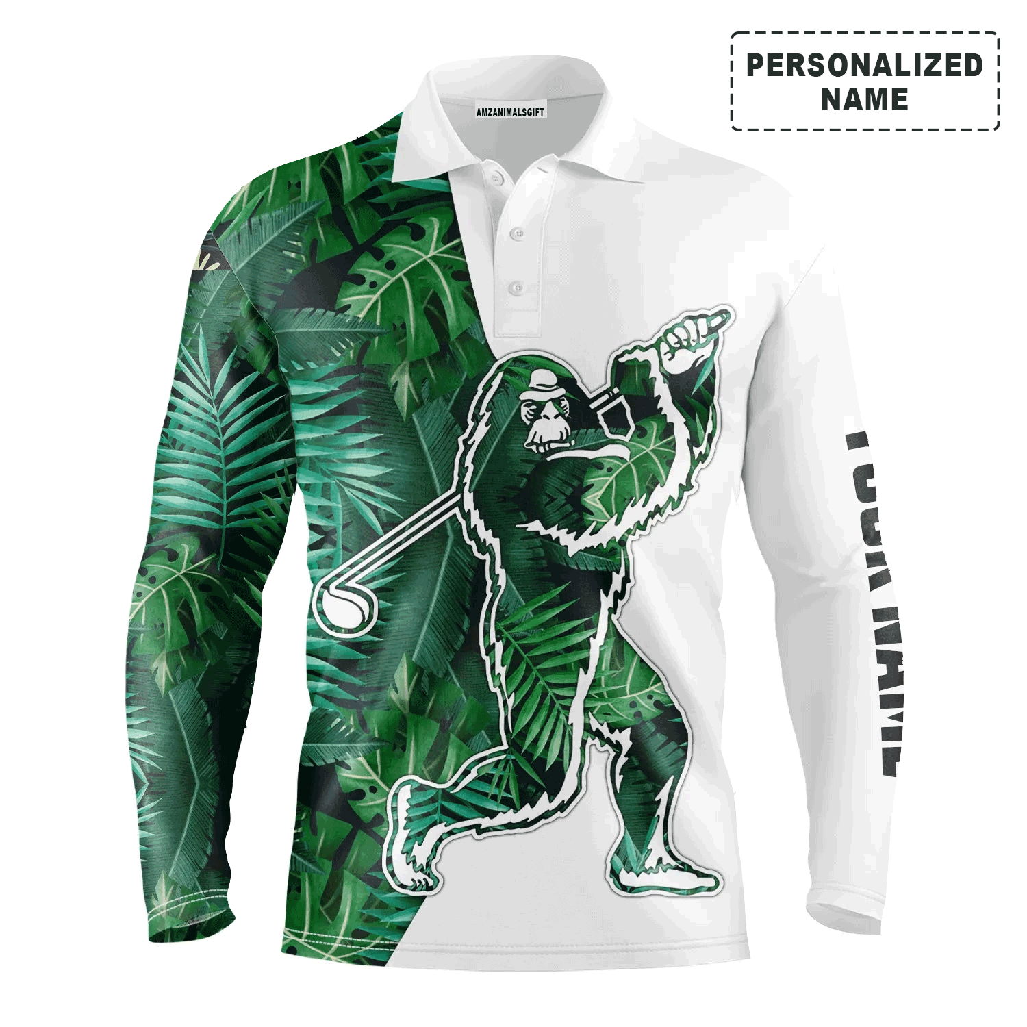 Custom Golf Long Sleeve Men Polo Shirt, Bigfoot, Tropical Green Leaves Pattern Sasquatch Playing Golf Polo Shirt For Men-Gift For Golfers, Golf Lovers