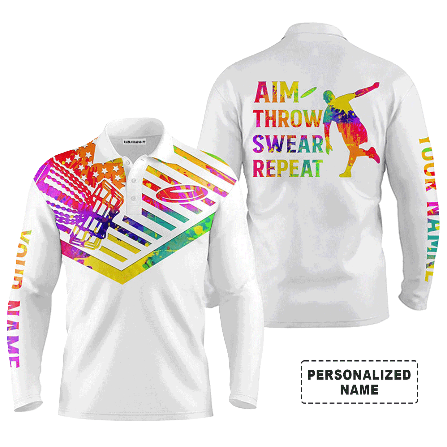 Custom Golf Long Sleeve Men Polo Shirt - Custom Name Watercolor American Flag Apparel - Personalized Gift For Men, Disc Golf Lover