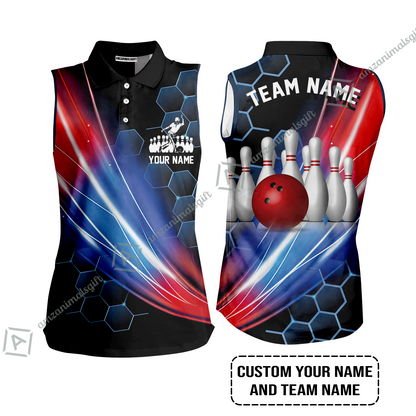 Personalized Bowling Men Women Sleeveless Polo Shirt - Custom Name & Team Name Honeycomb Pattern Bowling Women Sleeveless Polo Shirt