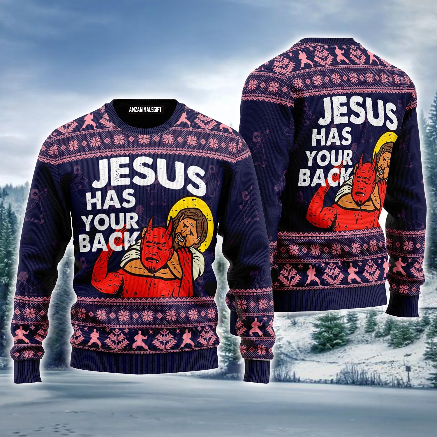 Jesus Ugly Sweater, Funny Jesus Has Your Back Satan Ugly Sweater For Men & Women, Perfect Gift For Christmas, Friends, Family