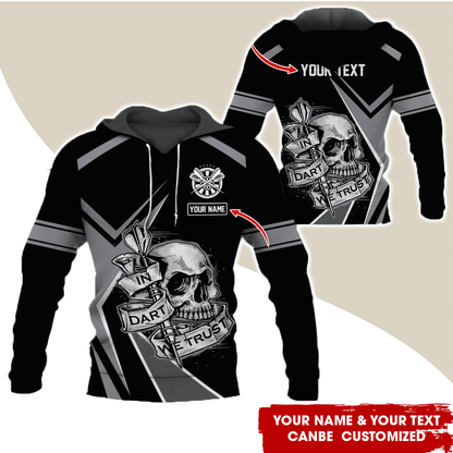 Customized Name & Text Darts Skull Premium Hoodie, In Darts We Trust Skull Pattern Colorful Hoodie, Perfect Gift For Darts Lovers, Friend, Family