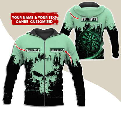 Personalized Name & Text Darts Premium Zip Hoodie, Customized Skull Dartboard Team Zip Hoodie For Men & Women - Gift For Darts Lovers, Darts Players