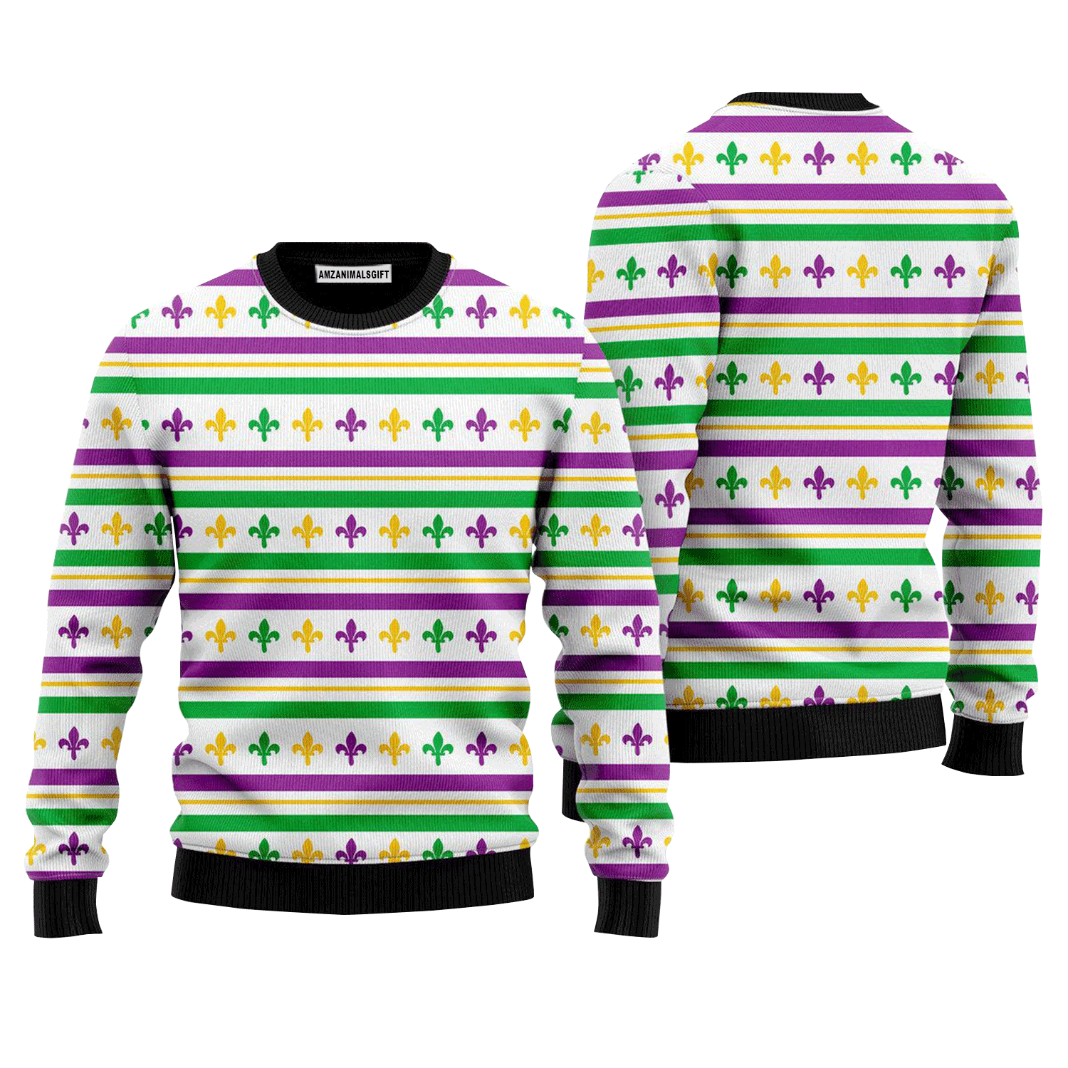 Mardi Gras Striped Seamless Sweater, Ugly Sweater For Men & Women, Perfect Outfit For Christmas New Year Autumn Winter